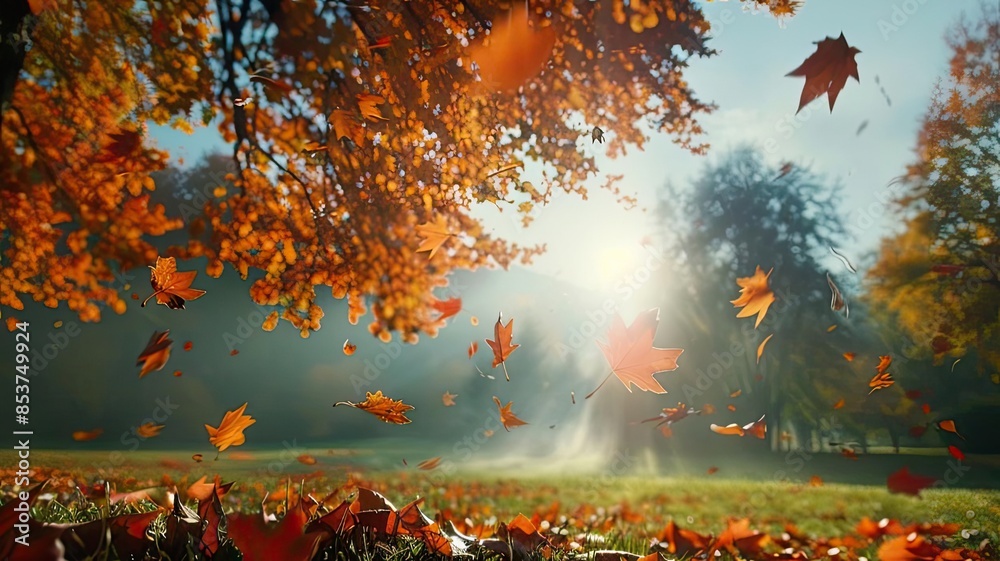 Fototapeta premium Vibrant autumn scene with falling leaves in a sunlit park. Perfect fall foliage background for nature lovers and seasonal projects.