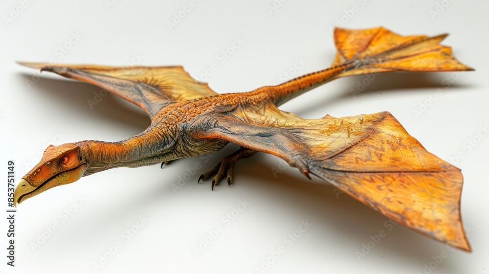 Obraz premium Realistic model of a flying pteranodon on a white background. By spreading its wings