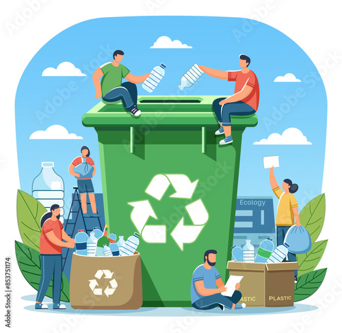 People recycling plastic bottles with a large green recycling bin in the center on a blue background. Vector illustration