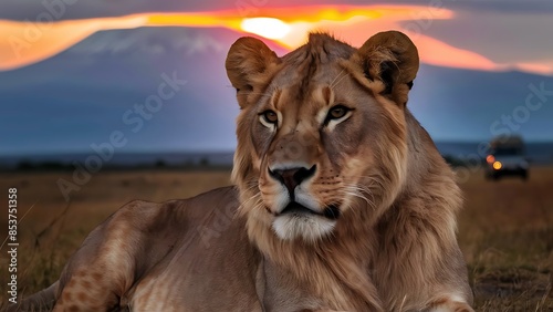 Lion portrait on savanna. Mount Kilimanjaro at sunset. (High Quality Wallpaper Wild Photography)