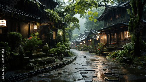 Japanese Houses With Lots Of Green Plants And Trees Landscape Background