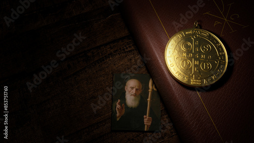 The Saint Benedict medal with an image of Saint Benedict with crozier (Montecassino, 17th century) - 3D Illustration photo