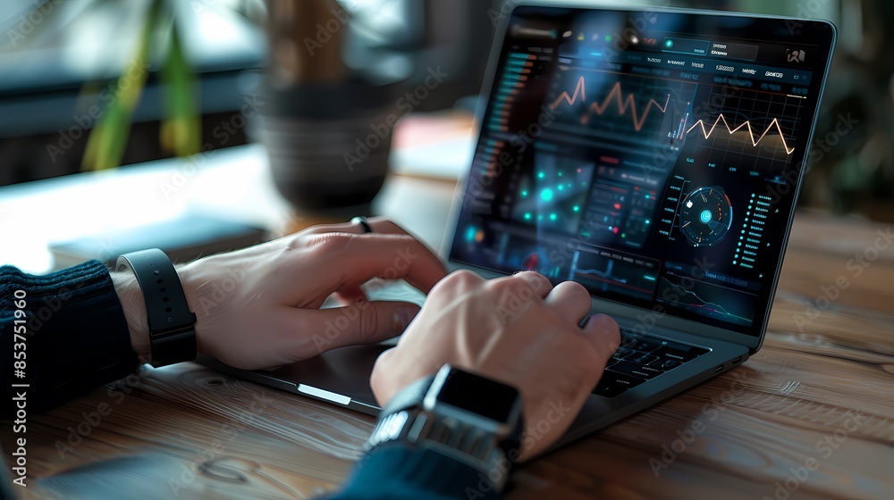 hands interacting with a laptop computer, Streamlined digital workflow with smartwatch and laptop. hands interacting with a laptop computer, Streamlined digital workflow with smartwatch and laptop.
