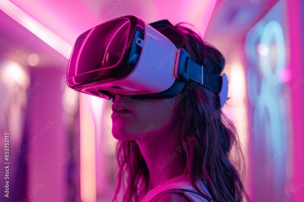 Woman Experiencing Virtual Reality with Headset Woman Experiencing Virtual Reality with Headset