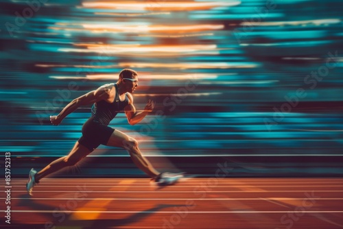 Dynamic shot of a male athlete sprinting on a track with motion blur background, capturing the essence of speed and determination. Olympic sport game concept.