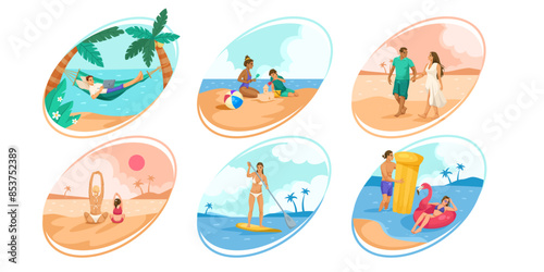 Illustrations of people enjoying various beach activities. Colorful vector illustrations with a light blue sky background. Concept of summer vacations. Vector illustration