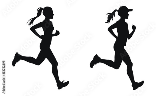 Female runners silhouettes vector black and white illustration. Women running in side view with ponytails and athletic outfits.