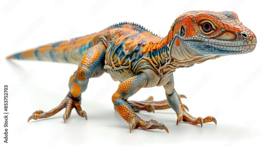 A fierce Velociraptor in a dynamic pose on a white background, showcasing its agility and claws. A fierce Velociraptor in a dynamic pose on a white background, showcasing its agility and claws.