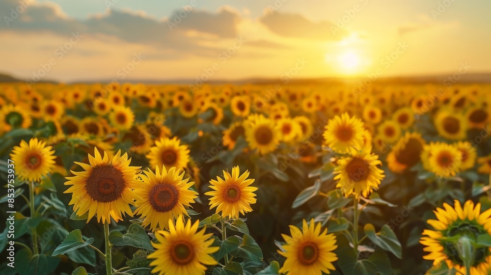 Fototapeta premium Stunning Sunflower Field at Sunset with Golden Sky and Vibrant Blooms Capturing the Beauty of Nature
