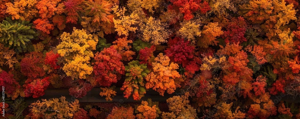 Aerial view of a vibrant forest showcasing the beautiful autumn colors of orange, red, and yellow foliage. Aerial view of a vibrant forest showcasing the beautiful autumn colors of orange, red, and yellow foliage.