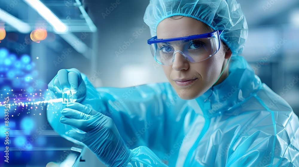 A technician in a cleanroom environment assembling nanotechnology devices, dressed in full protective gear. List of Art Media: Photograph inspired by Spring magazine. A technician in a cleanroom environment assembling nanotechnology devices, dressed in full protective gear. List of Art Media: Photograph inspired by Spring magazine.