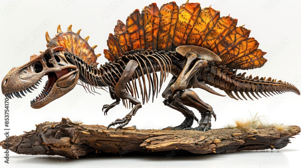 A detailed model of a Spinosaurus with its sail displayed on a white background. A detailed model of a Spinosaurus with its sail displayed on a white background.