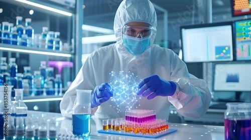 A technician in a cleanroom environment assembling nanotechnology devices, dressed in full protective gear. List of Art Media: Photograph inspired by Spring magazine.
