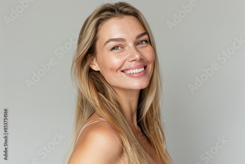 Female portrait with smile, makeup, and natural attractiveness on grey studio background. Woman, lady, and makeup for confidence, face cleanse, and organic facial. © LukaszDesign