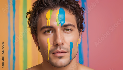 portrait of a man with a painted faceMan with Yellow Face Paint: A Striking Image of Vibrant Self-Expression photo