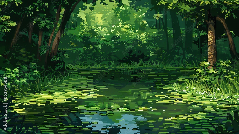 Pixel Art Dense Forest with Reflective Pond - 8bit pixel background Pixel Art Dense Forest with Reflective Pond - 8bit pixel background