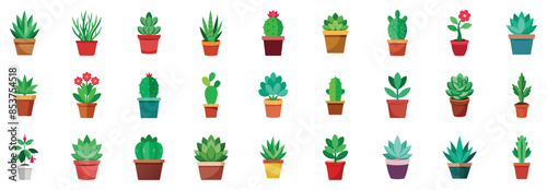 Cactus and succulent plant icons, flat vector cartoon illustration. Includes different styles of potted cacti, aloe, agave.