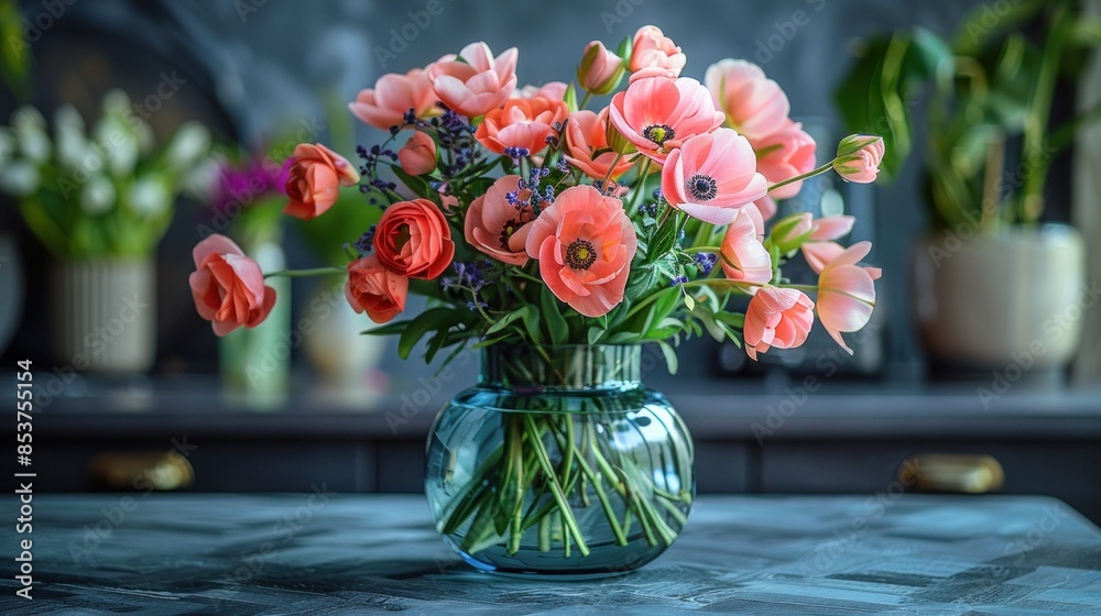 Bouquet of spring flowers in a vase on the kitchen table. Light scandinavian style. Bouquet of spring flowers in a vase on the kitchen table. Light scandinavian style.