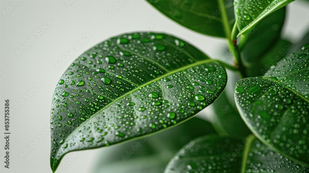 A close-up of a rubber plant leaf showing its glossy surface and rich green color against a white background. A close-up of a rubber plant leaf showing its glossy surface and rich green color against a white background.