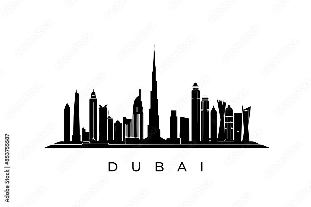 Fototapeta premium Monochrome Dubai skyline silhouette with iconic buildings.