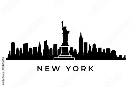 Monochrome New York skyline with iconic landmarks and text