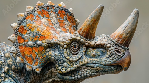 A close-up of a Triceratops head, with its horns and frill on a white background. © bird_saranyoo