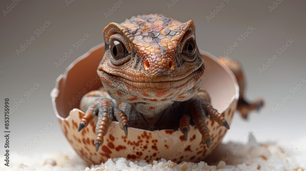 A baby dinosaur hatching from an egg on a white background, highlighting the start of life. A baby dinosaur hatching from an egg on a white background, highlighting the start of life.