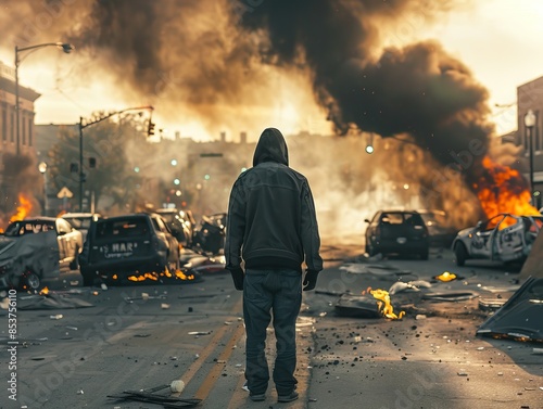 Realistic portrait of a protester in the usa standing amidst riots and overturned cars, expressing conflicting emotions and the intensity of the situation.