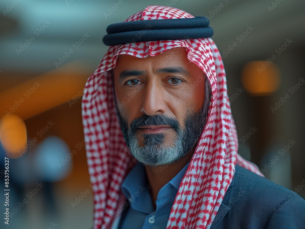 Saudi businessman presenting in conference room, standing and talking with participants of environmental training for employees. Saudi businessman presenting in conference room, standing and talking with participants of environmental training for employees.