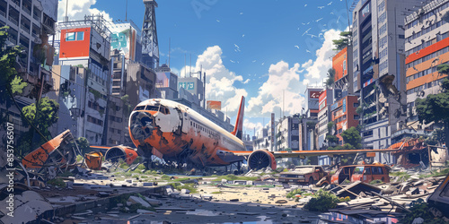 A Rusted Airplane Crashes Through the Crumbling Cityscape on a Sunny Day. Generative AI photo