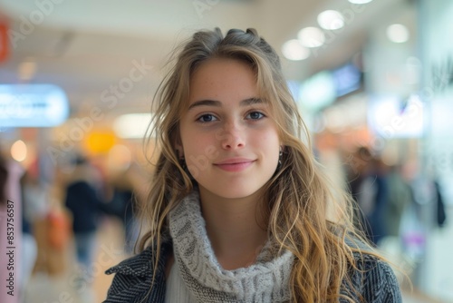 Young woman in a busy shopping mall