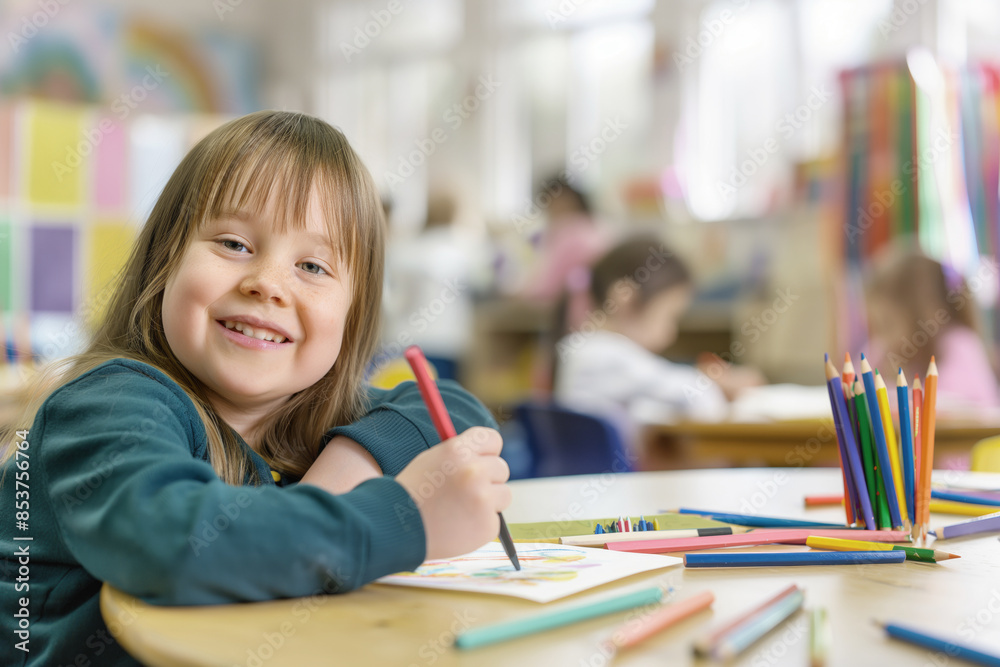 Smiling girl with Down syndrome drawing with colored pencils at a table in a classroom. Cheerful and creative atmosphere with other children in background Smiling girl with Down syndrome drawing with colored pencils at a table in a classroom. Cheerful and creative atmosphere with other children in background