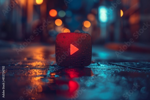 Glowing YouTube Icon in a Vibrant Urban Street