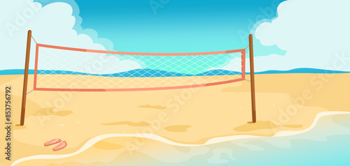 Beach volleyball net on sandy shore with blue sky background. Concept of summer sport and relaxation. Vector illustration