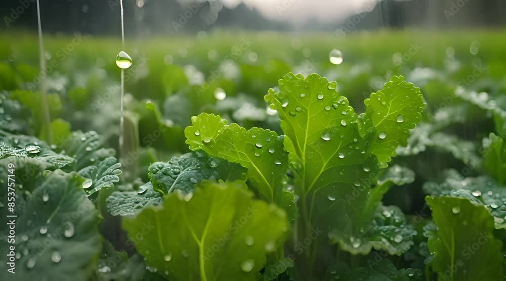 Rain in the morning wet the green mustard plantation