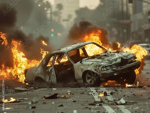 This gripping image captures the intense chaos of street riots in the usa, featuring overturned cars and fires, providing a jarring portrayal of civil unrest and societal turmoil.