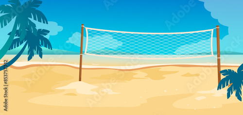 A beach volleyball net on a sandy beach with palm trees and a blue sky in the background. Vector illustration