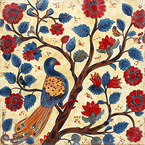 Traditional Kalamkari art from India with flowers and birds on a textured background in bright colors.