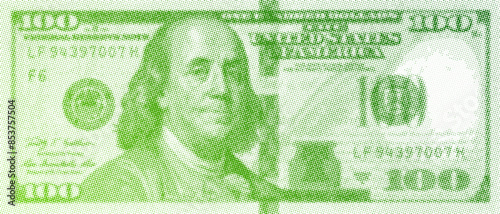 Vector green pixel halftone obverse of a 100 US dollar banknote. One hundred. American note made of many dots.