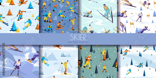 Illustrations of skiers and snowboarders on colorful patterns with mountain and tree backgrounds. Winter sports and recreation concept. Vector illustration