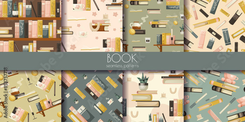 Illustrated patterns of books, pencils, and coffee cups on various backgrounds. Vector illustration