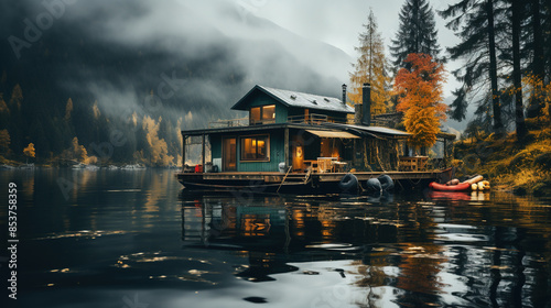 Contemporary Landscape Of A Houseboat On A Lake In Pine Forest Mist On Lake Cold Weather Dark Teal and Amber Background