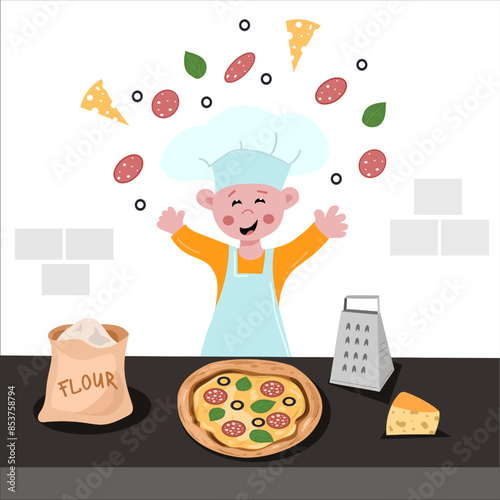 A little boy in a chef's hat makes a pizza. Children's illustration of baking pizza. Concept for a master class on making pizza for children. Kids cooking class poster. Vector