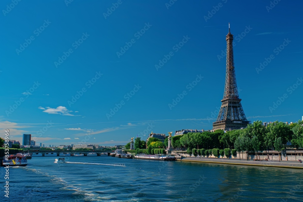 Fototapeta premium Paris, capital of France panorama aerial view on a sunny day with copy space upon