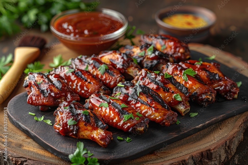 Chicken wings served on a tray with sauce Chicken wings served on a tray with sauce