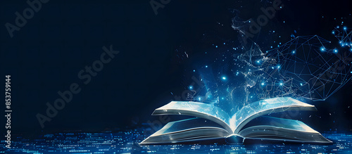 Open book with glowing data pages and Digital Code, Integration of technology in education, dark blue AI study environment. The concept of Modern digital book for learning in digital futuristic style.