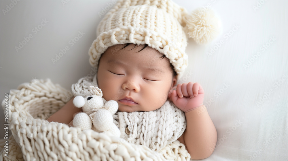 白いブランケットで眠る日本の新生児 白いブランケットで眠る日本の新生児