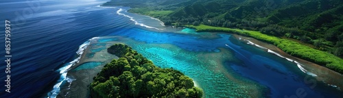 Stunning aerial view of a lush green island surrounded by the vibrant blue ocean and dense forest landscape on a clear day. © Thamonchanok