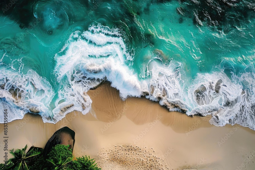 Fototapeta premium Aerial view of turquoise ocean waves crashing onto a sandy beach with lush green foliage, creating a tropical paradise landscape.
