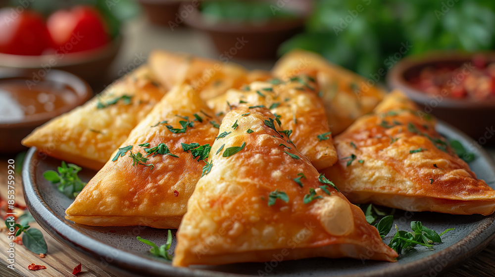 Spanakopita triangles on a light background.Delivery, takeaway, homemade food Spanakopita triangles on a light background.Delivery, takeaway, homemade food